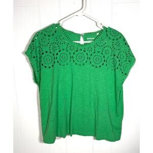 Boden Sasha Broderie Cotton Short Sleeve Blouse T-Shirt Women US 12 Green Eyelet